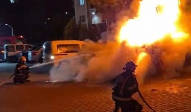 Denizli'de park halindeki araç alev alev yandı