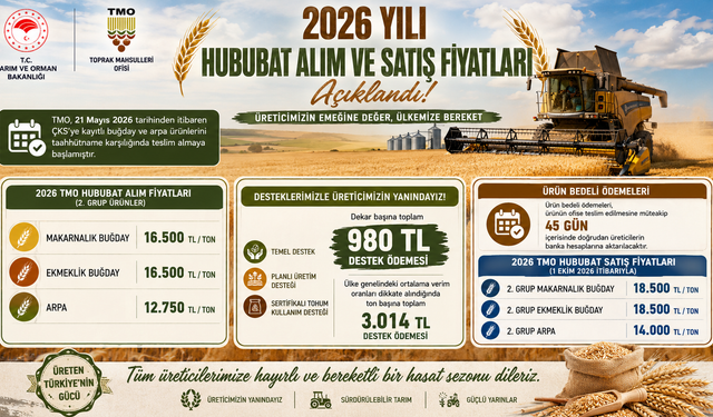 TMO 2026 Hububat Alım Fiyatları Açıklandı Buğday 16.500 TL, Arpa 12.750 TL Oldu