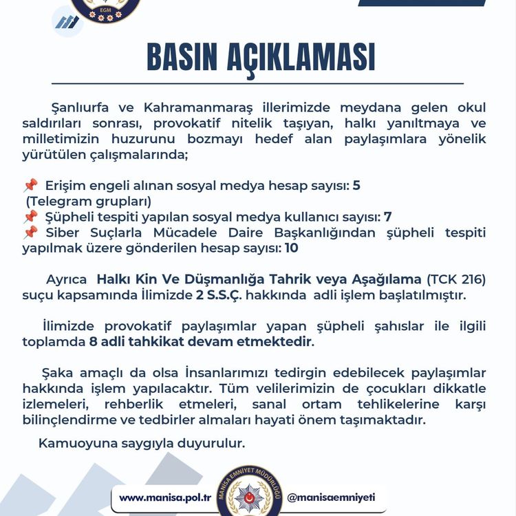 Manisa Emniyet Müdürlüğü Basın Açıklaması: Okul Saldırıları Sonrası Provokatif Paylaşımlara Yönelik Operasyon