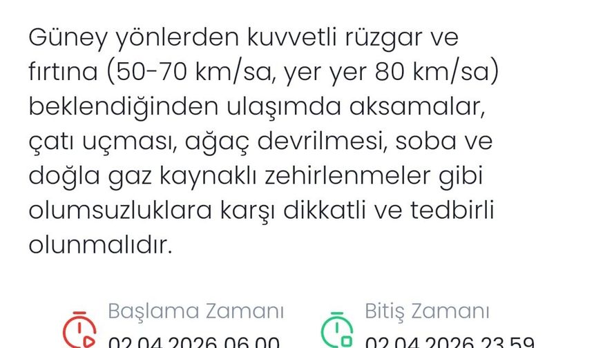 Denizli için kuvvetli rüzgar ve fırtına uyarısı