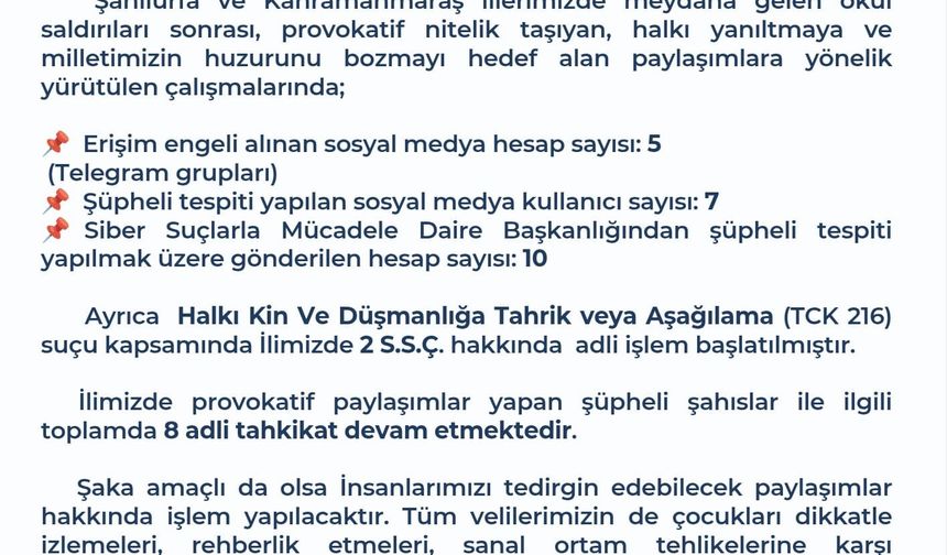 Manisa Emniyet Müdürlüğü Basın Açıklaması: Okul Saldırıları Sonrası Provokatif Paylaşımlara Yönelik Operasyon