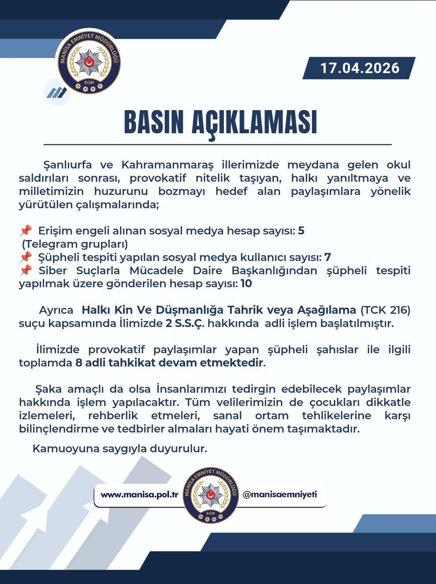 Manisa Emniyet Müdürlüğü Basın Açıklaması: Okul Saldırıları Sonrası Provokatif Paylaşımlara Yönelik Operasyon